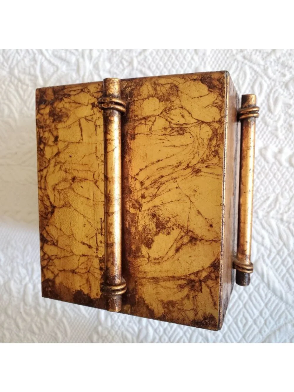 Vtg Tissue Box Cover MCM Brutalist Antique Gold Hollywood Regency Bath Vanity